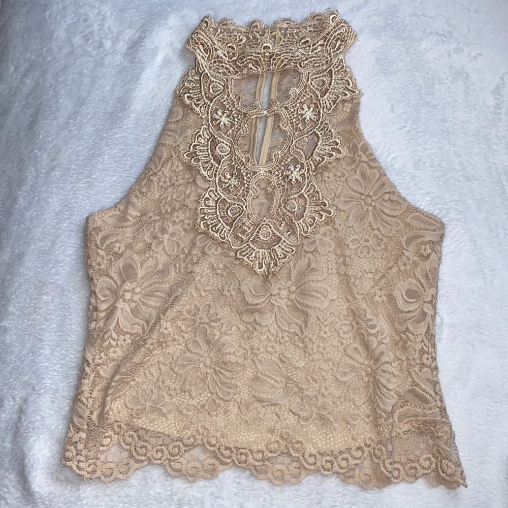 Tan sheer high neck tank